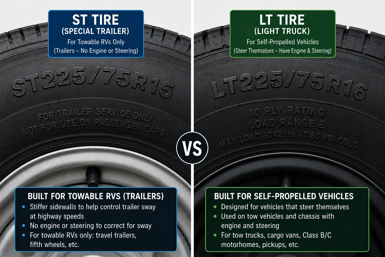 Close up comparison of ST tire sidewall markings versus LT tire sidewall markings