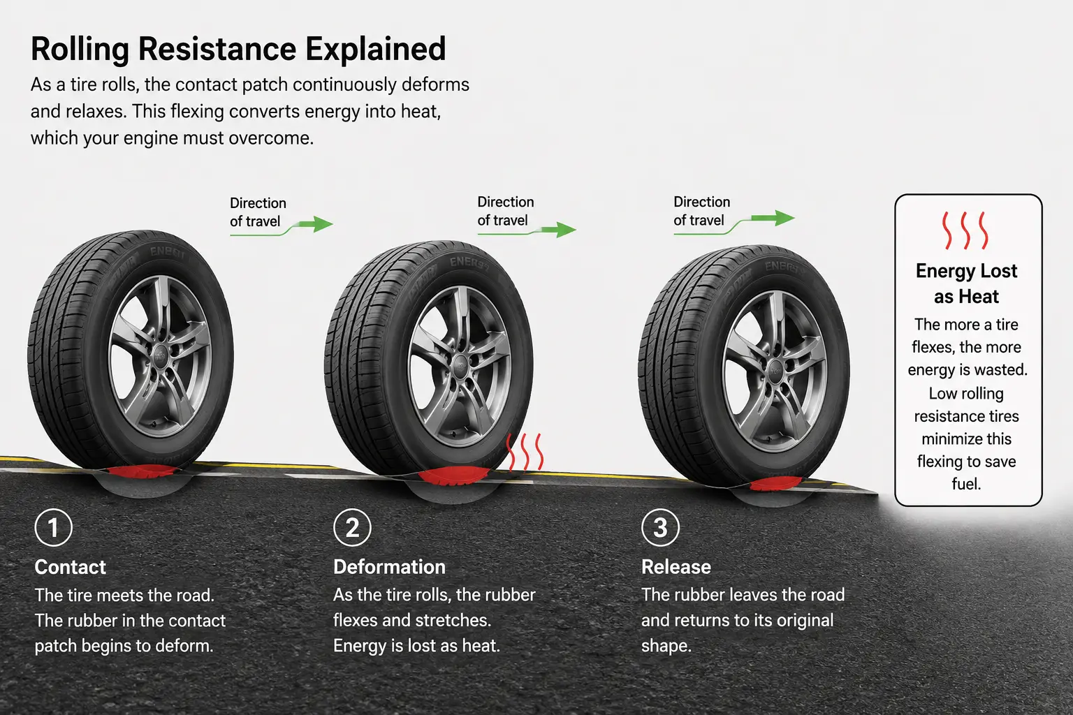 Diagram showing tire flexing on the road to explain rolling resistance