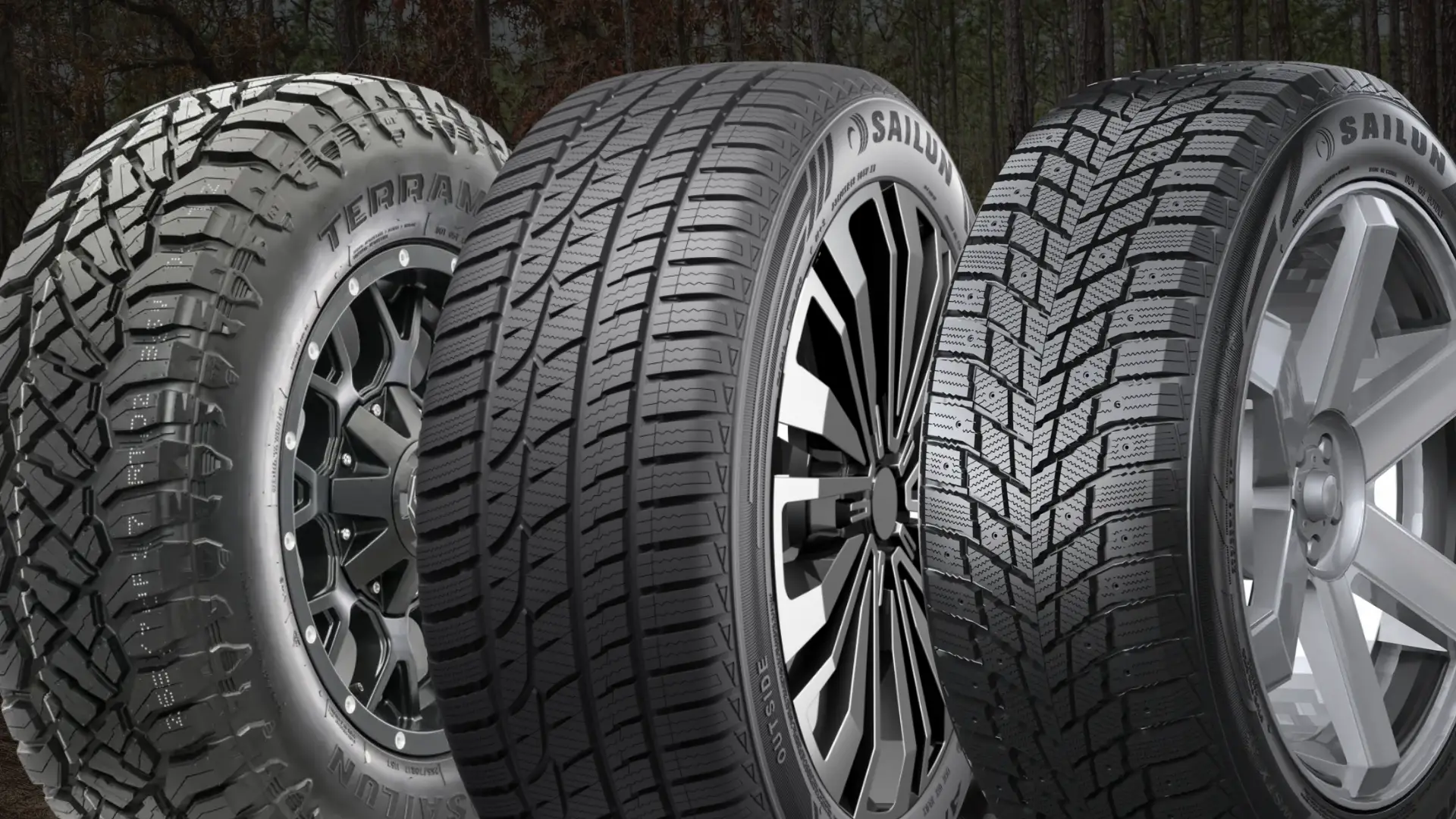 Sailun tire lineup showing Atrezzo, TerraMax, and Ice Blazer models side by side